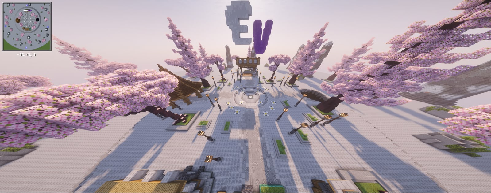Aerial view of the Eclipse Vanilla plaza and cherry-lined paths