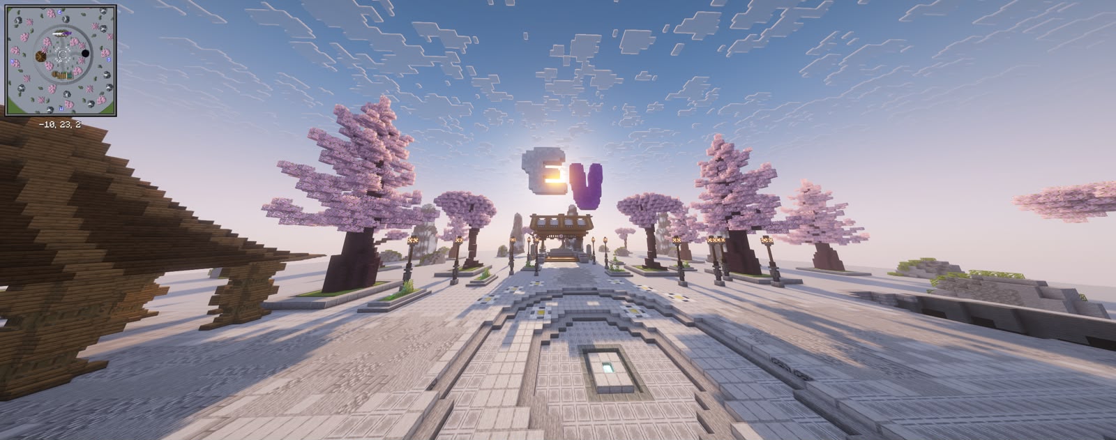 Eclipse Vanilla spawn plaza with cherry trees and the EV sign above the entrance