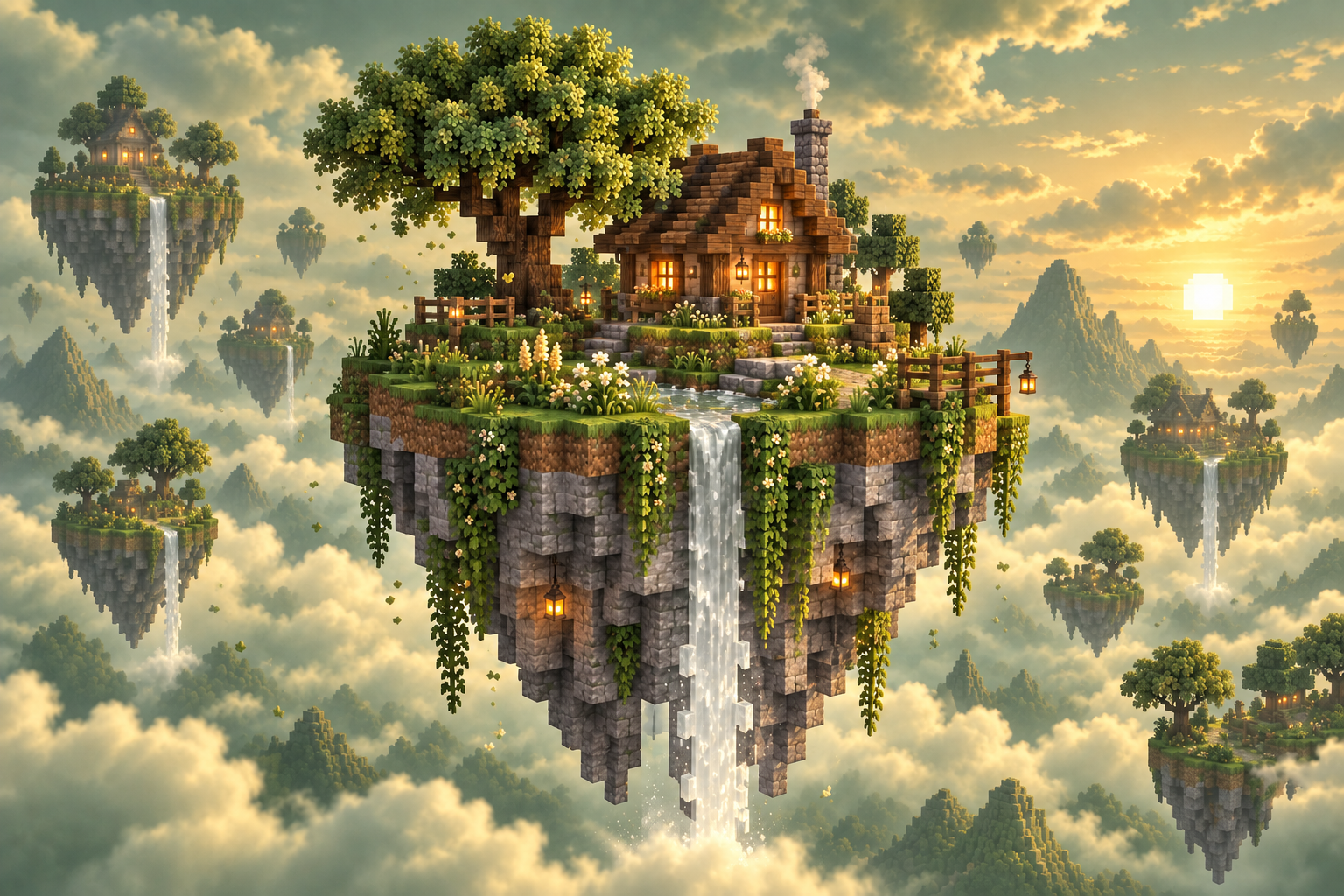 Illustration of a floating Minecraft-style island with a leafy green tree, a cozy cottage and a soft sage-green sky